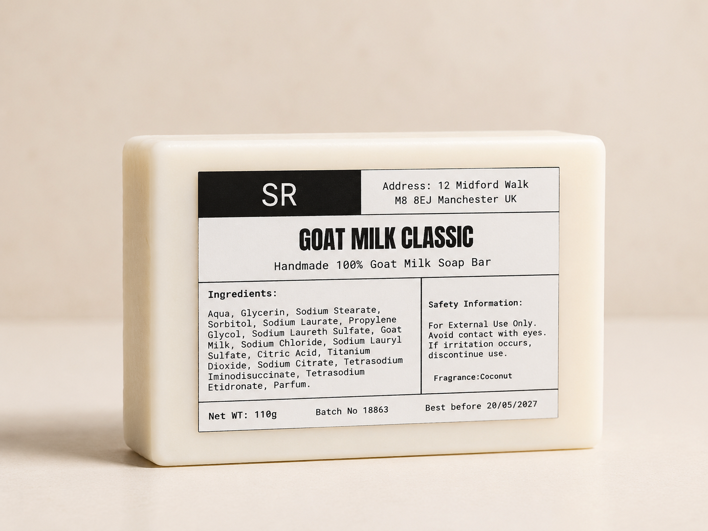 Handmade 110g goat milk soap bar with a natural coconut fragrance, producing a rich, creamy lather that gently cleanses and moisturises dry, sensitive, and everyday ski