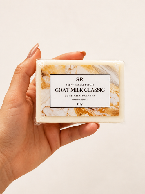Handmade 110g goat milk soap bar with a natural coconut fragrance, creating a rich creamy lather that gently cleanses and moisturises dry, sensitive, and everyday skin.
