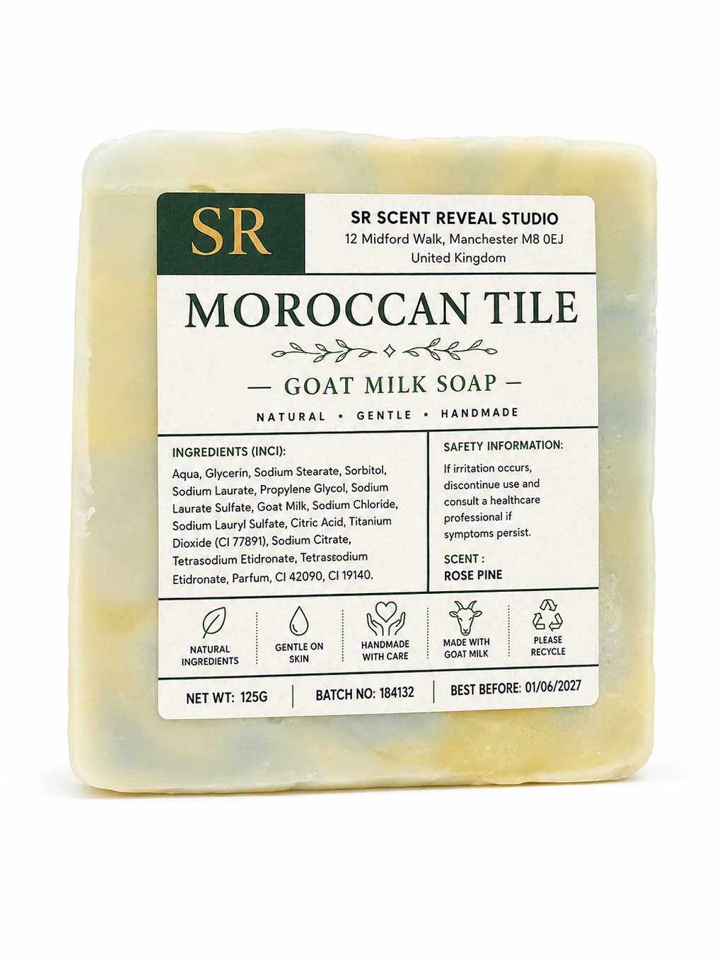Moroccan Tile Artisan Goat Milk Soap Bar  Rosy Pine Fragrance, Moisturising Handmade Soap for Dry Skin, Rich Creamy Lather