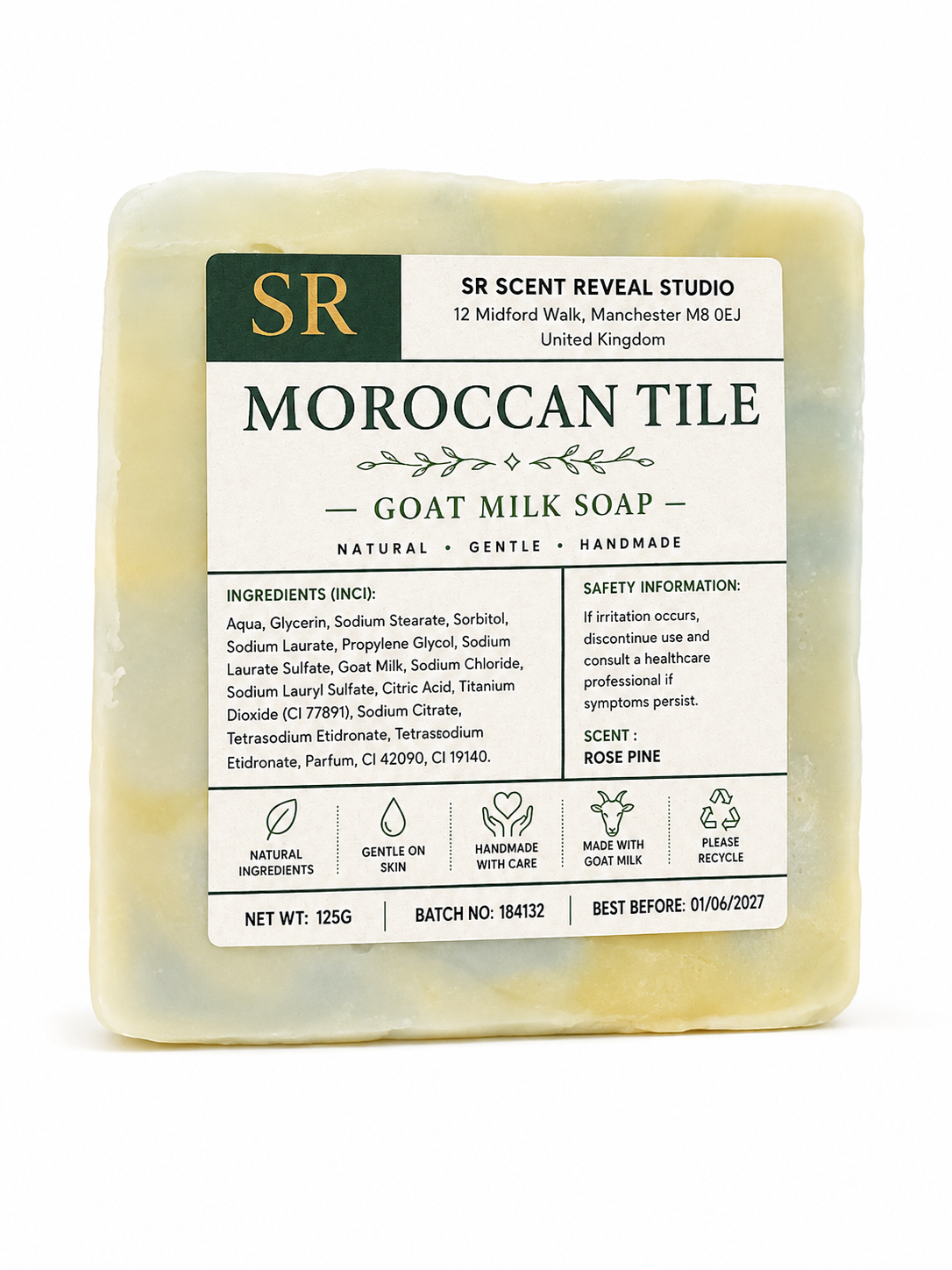 Moroccan Tile Artisan Goat Milk Soap Bar  Rosy Pine Fragrance, Moisturising Handmade Soap for Dry Skin, Rich Creamy Lather