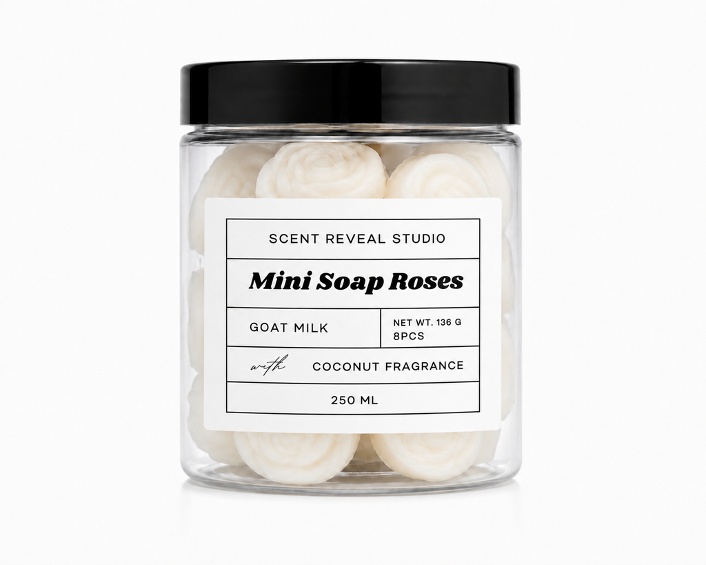 Travel Soap Gift Jar  8 Mini Goat Milk Rose Soaps Coconut Fragrance  Handmade Hotel Guest Soap