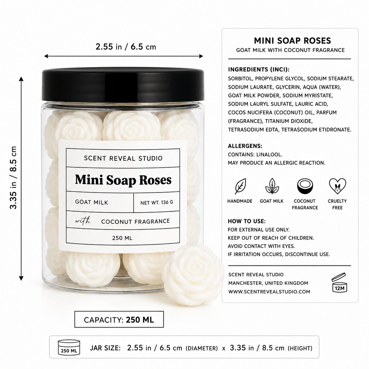 Travel Soap Gift Jar  8 Mini Goat Milk Rose Soaps Coconut Fragrance  Handmade Hotel Guest Soap